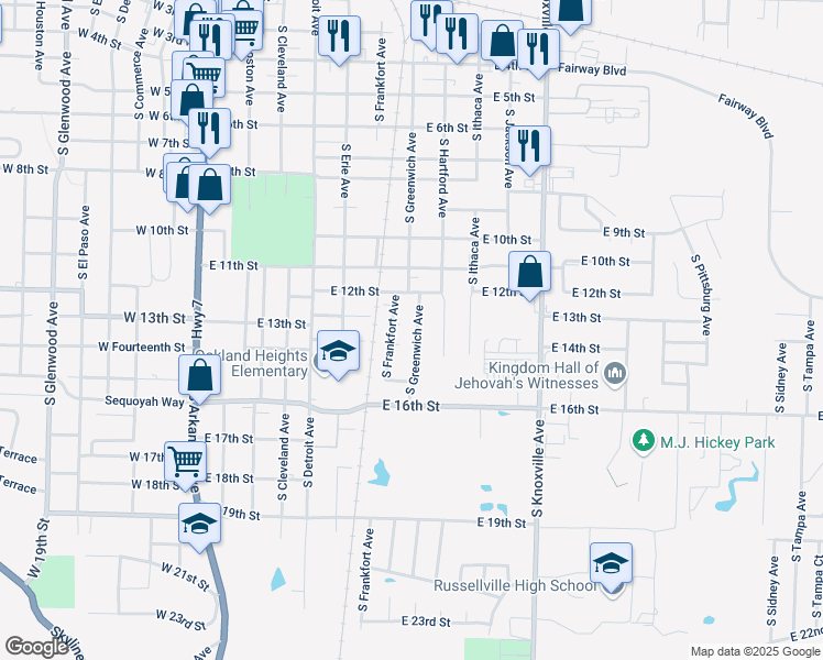 map of restaurants, bars, coffee shops, grocery stores, and more near 1300 South Greenwich Avenue in Russellville