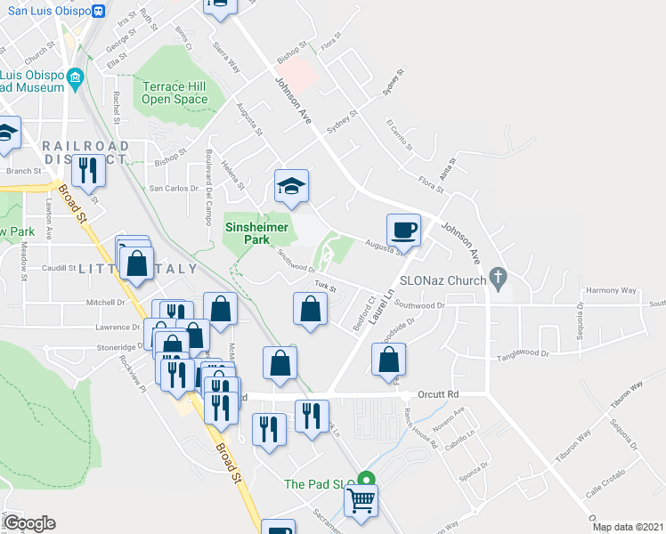 map of restaurants, bars, coffee shops, grocery stores, and more near 1020 Southwood Drive in San Luis Obispo