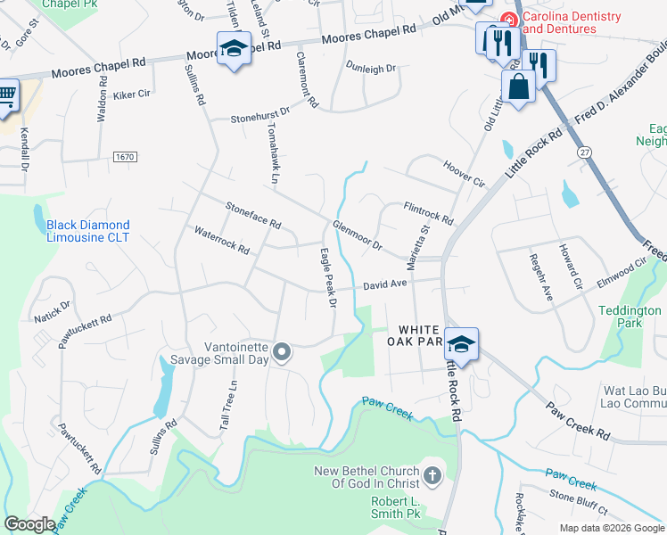 map of restaurants, bars, coffee shops, grocery stores, and more near 6222 Eagle Peak Drive in Charlotte