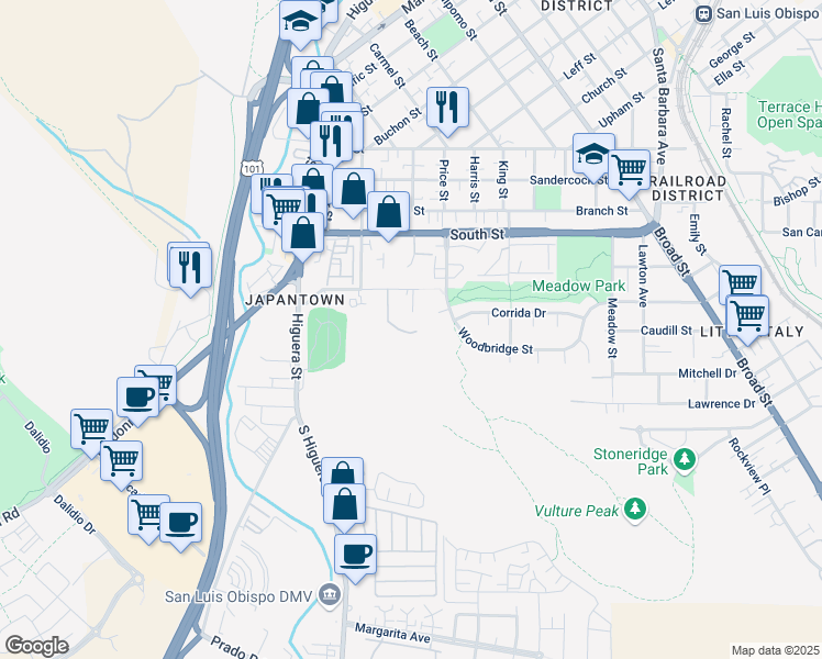 map of restaurants, bars, coffee shops, grocery stores, and more near 253 Bridge Street in San Luis Obispo