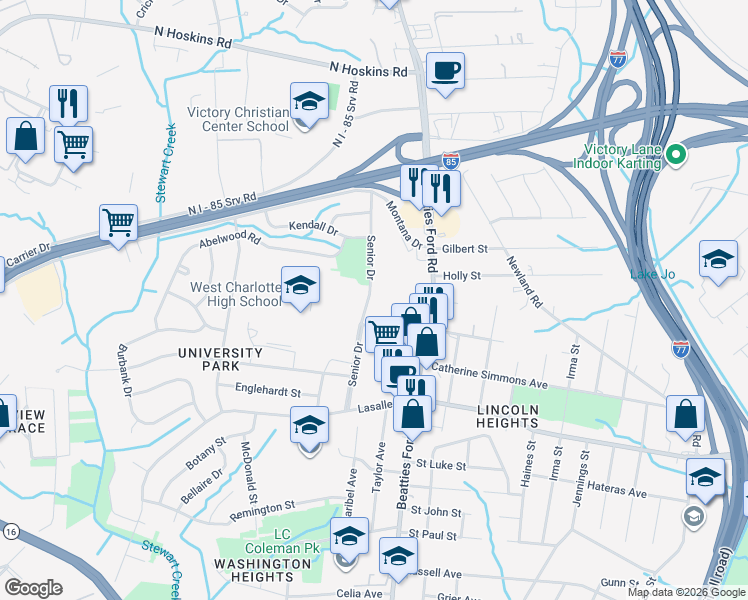 map of restaurants, bars, coffee shops, grocery stores, and more near 2322 Senior Drive in Charlotte