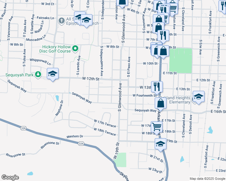 map of restaurants, bars, coffee shops, grocery stores, and more near 1311 South Houston Avenue in Russellville