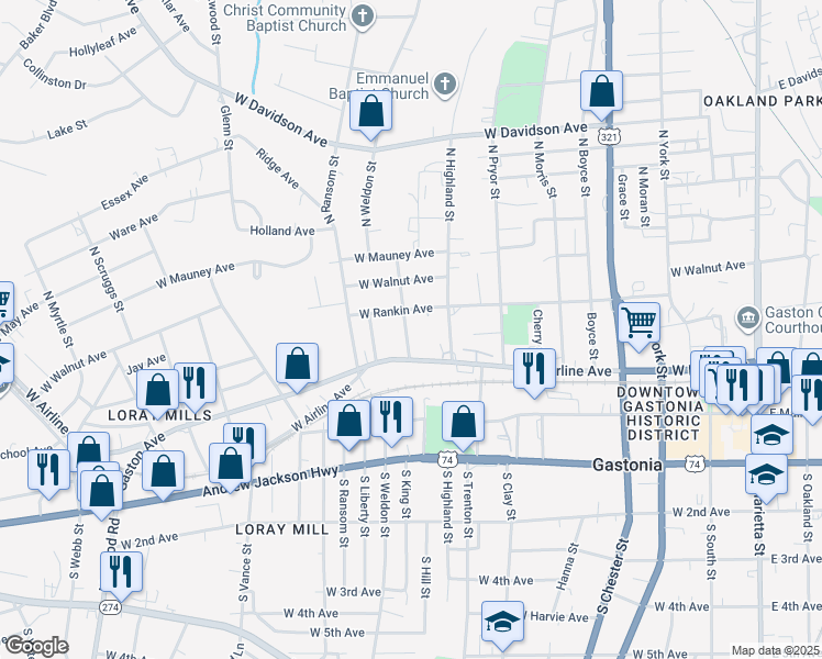 map of restaurants, bars, coffee shops, grocery stores, and more near 210 North King Street in Gastonia