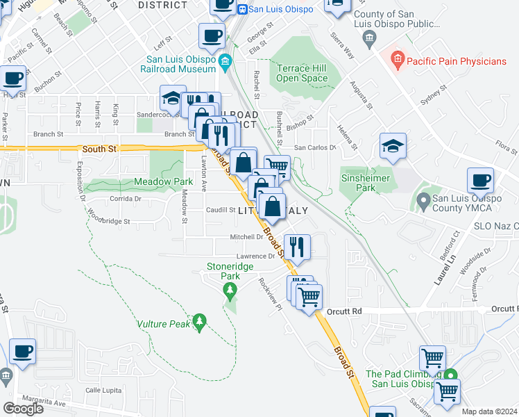 map of restaurants, bars, coffee shops, grocery stores, and more near 2504 Broad Street in San Luis Obispo