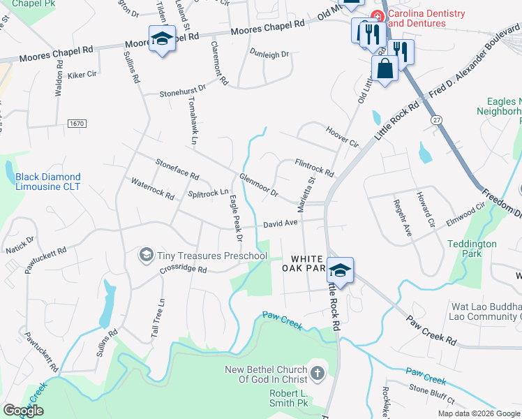 map of restaurants, bars, coffee shops, grocery stores, and more near 7029 Flintrock Road in Charlotte