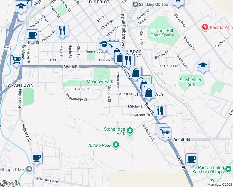 map of restaurants, bars, coffee shops, grocery stores, and more near 2495 Lawton Avenue in San Luis Obispo