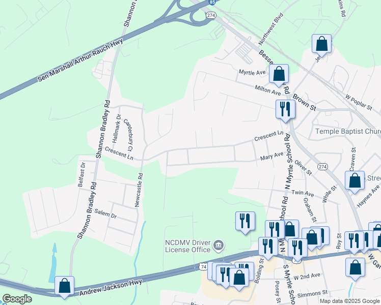 map of restaurants, bars, coffee shops, grocery stores, and more near 2617 Crescent Lane in Gastonia