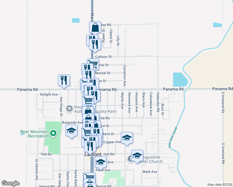 map of restaurants, bars, coffee shops, grocery stores, and more near 9709 Primrose Avenue in Lamont