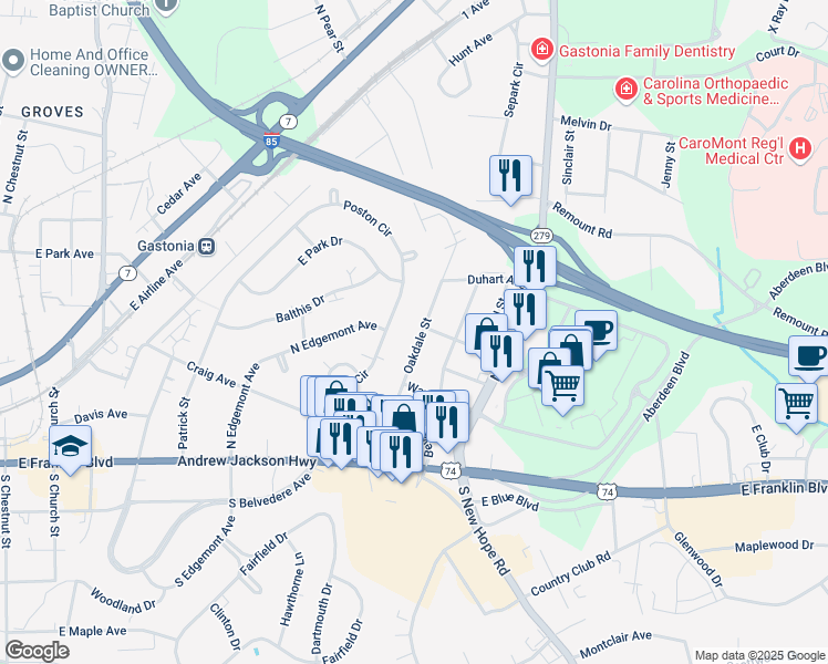 map of restaurants, bars, coffee shops, grocery stores, and more near 407 Oakdale Street in Gastonia