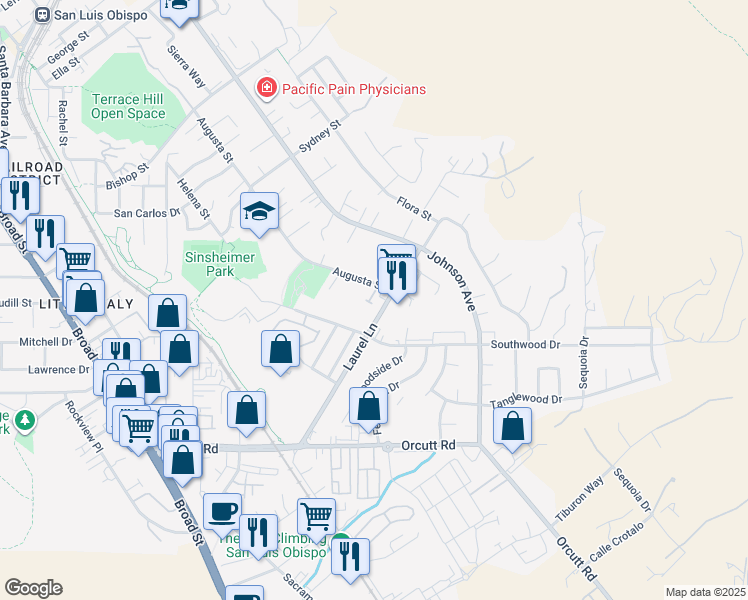 map of restaurants, bars, coffee shops, grocery stores, and more near 3051 Augusta Street in San Luis Obispo