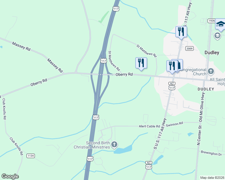 map of restaurants, bars, coffee shops, grocery stores, and more near 239 Oberry Road in Wayne County
