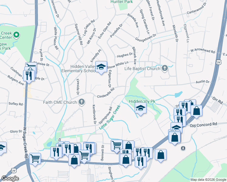 map of restaurants, bars, coffee shops, grocery stores, and more near 5232 Cinderella Road in Charlotte