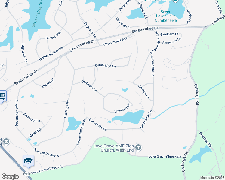 map of restaurants, bars, coffee shops, grocery stores, and more near 146 Winsford Circle in Seven Lakes