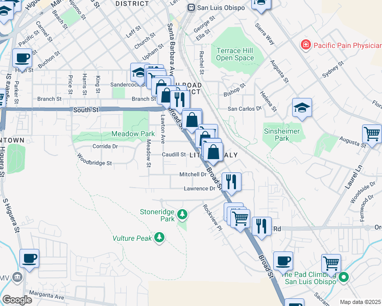 map of restaurants, bars, coffee shops, grocery stores, and more near 2501 Broad Street in San Luis Obispo