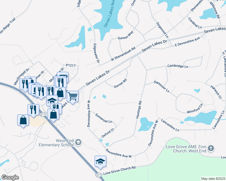 map of restaurants, bars, coffee shops, grocery stores, and more near 117 Dorset Road in Seven Lakes