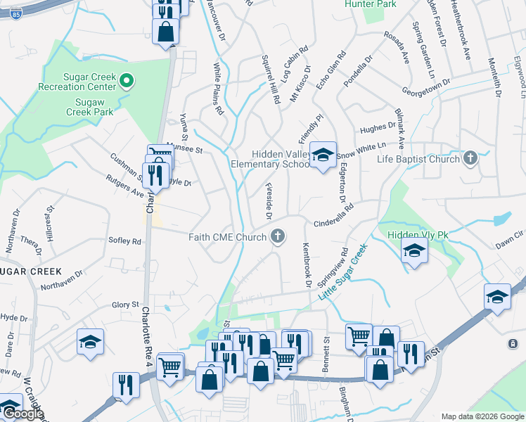 map of restaurants, bars, coffee shops, grocery stores, and more near 4823 Hidden Valley Road in Charlotte