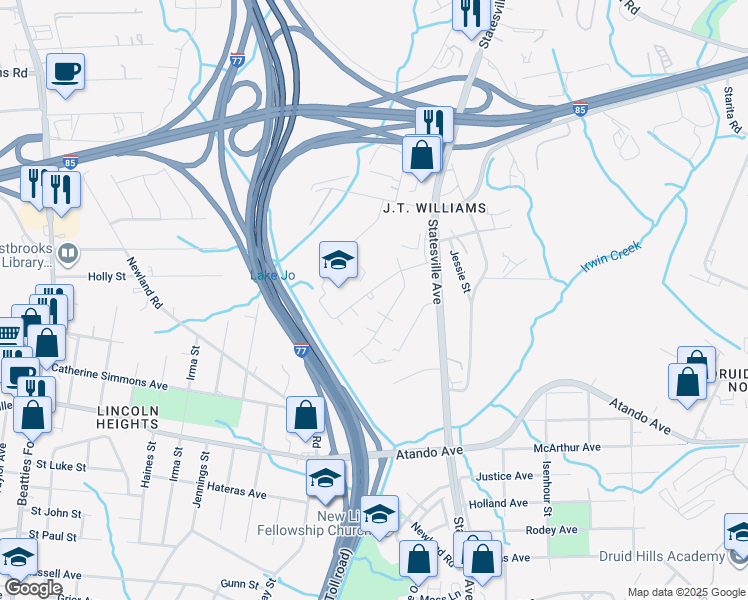 map of restaurants, bars, coffee shops, grocery stores, and more near 2322 Julia Avenue in Charlotte