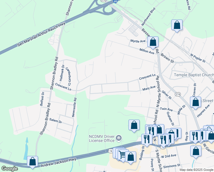 map of restaurants, bars, coffee shops, grocery stores, and more near 2607 Crescent Lane in Gastonia