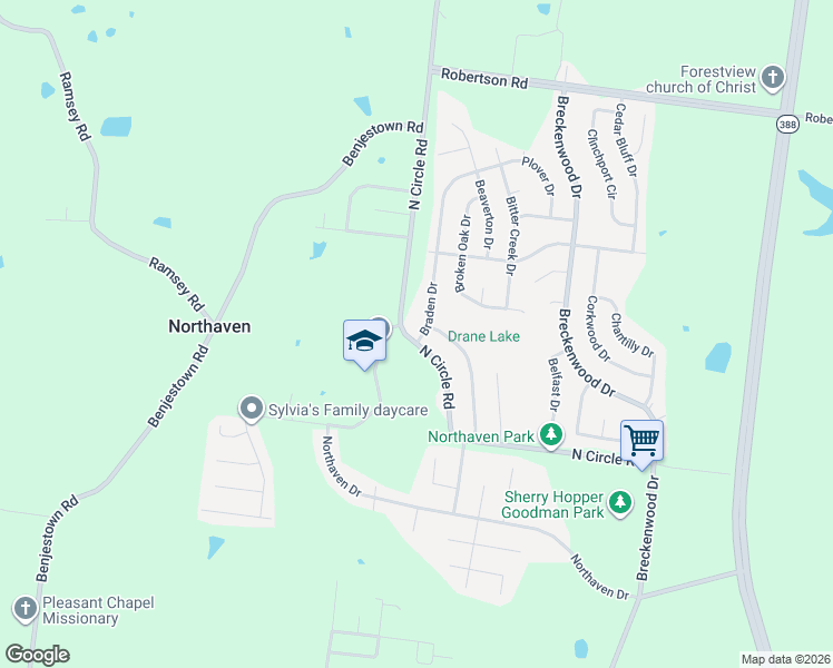 map of restaurants, bars, coffee shops, grocery stores, and more near 5150 North Circle Road in Memphis