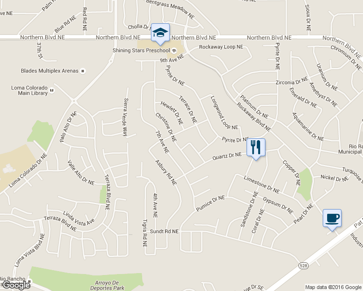 map of restaurants, bars, coffee shops, grocery stores, and more near 424 Christine Drive Northeast in Rio Rancho