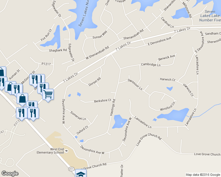 map of restaurants, bars, coffee shops, grocery stores, and more near 104 Essex Court in Seven Lakes