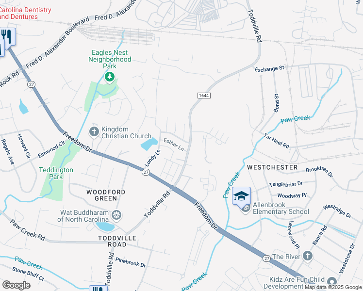 map of restaurants, bars, coffee shops, grocery stores, and more near 5334 Esther Lane in Charlotte