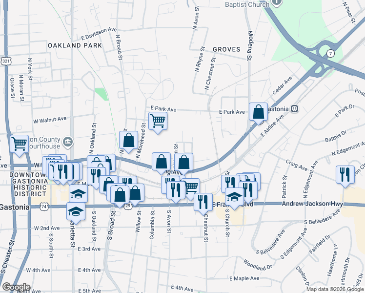 map of restaurants, bars, coffee shops, grocery stores, and more near 607 Ratchford Avenue in Gastonia