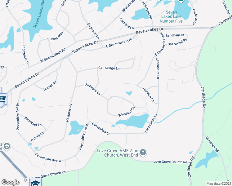 map of restaurants, bars, coffee shops, grocery stores, and more near 146 Winsford Circle in Seven Lakes