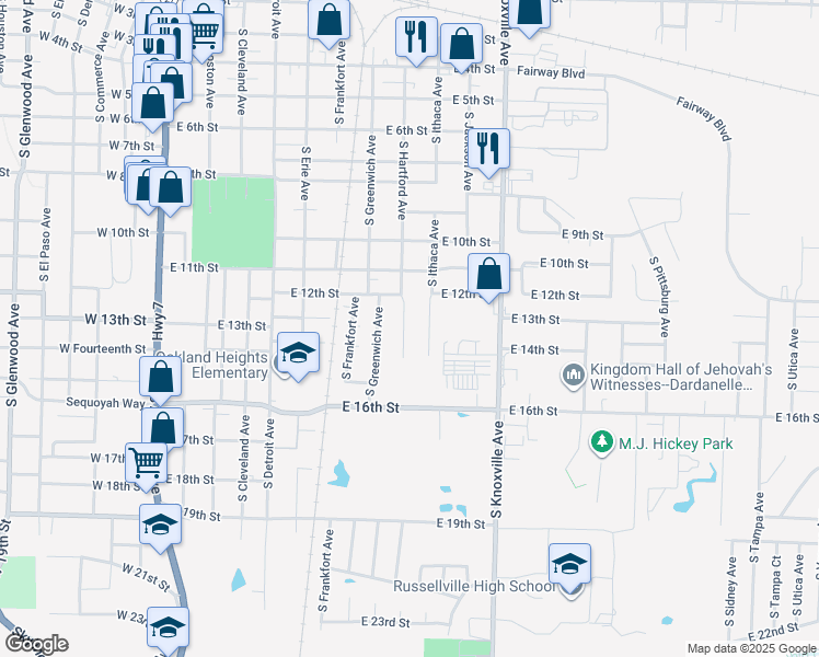 map of restaurants, bars, coffee shops, grocery stores, and more near 1301 South Hartford Avenue in Russellville