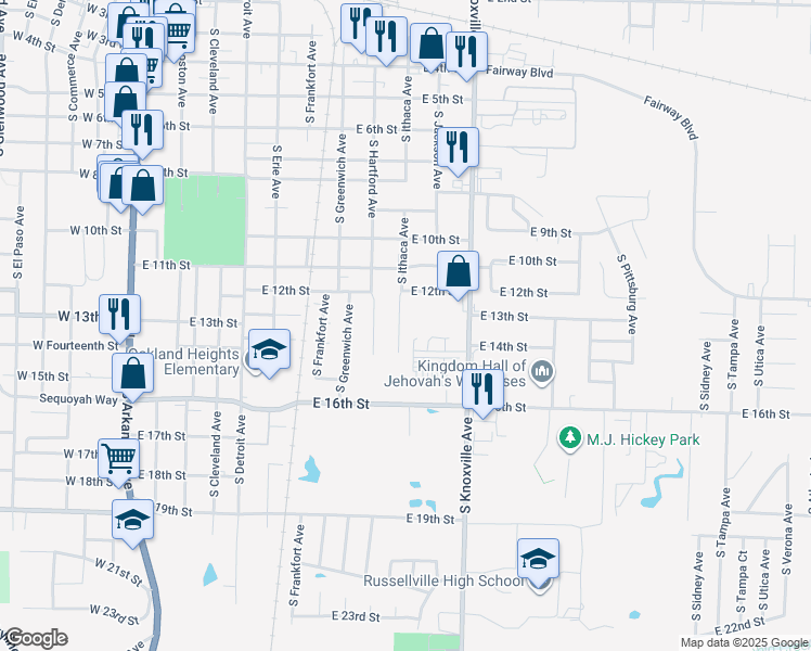map of restaurants, bars, coffee shops, grocery stores, and more near 1301 South Ithaca Avenue in Russellville