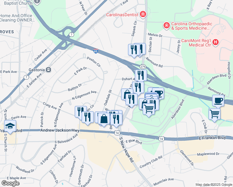 map of restaurants, bars, coffee shops, grocery stores, and more near 501 Beverly Dr in Gastonia