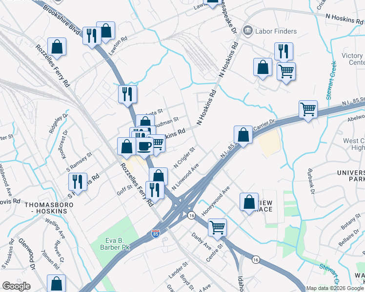 map of restaurants, bars, coffee shops, grocery stores, and more near 3917 Tennessee Avenue in Charlotte