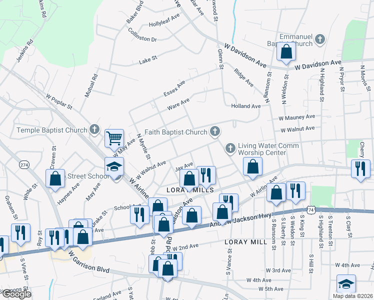 map of restaurants, bars, coffee shops, grocery stores, and more near 1304 West Walnut Avenue in Gastonia