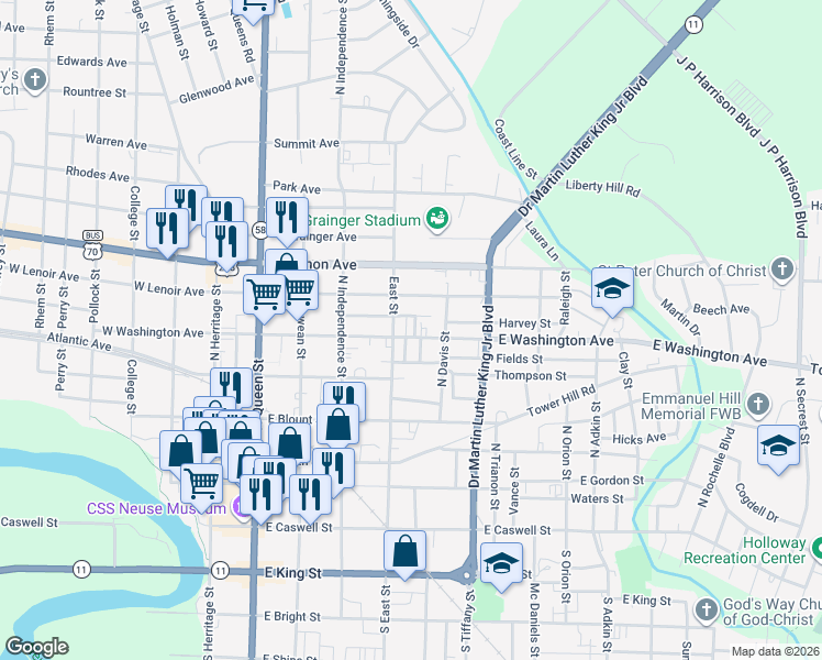map of restaurants, bars, coffee shops, grocery stores, and more near 604 Cook Alley in Kinston