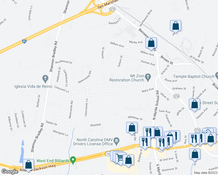 map of restaurants, bars, coffee shops, grocery stores, and more near 2607 Crescent Lane in Gastonia