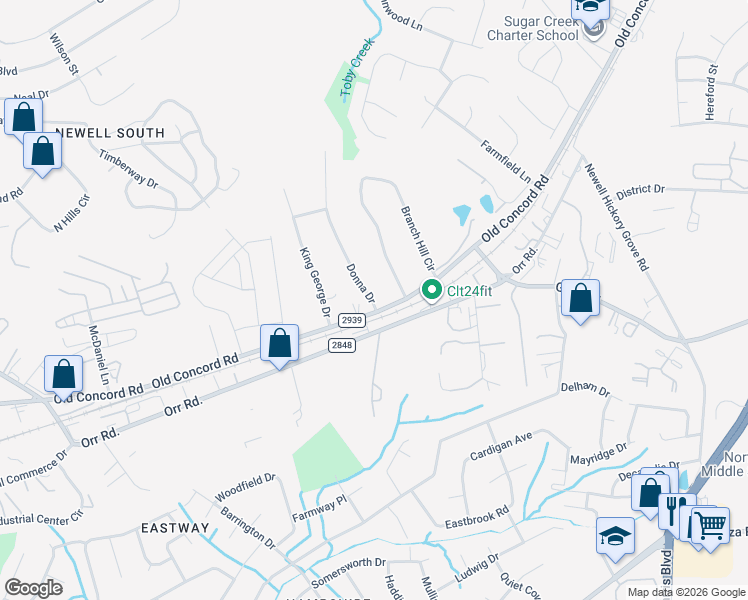 map of restaurants, bars, coffee shops, grocery stores, and more near 6014 Donna Drive in Charlotte