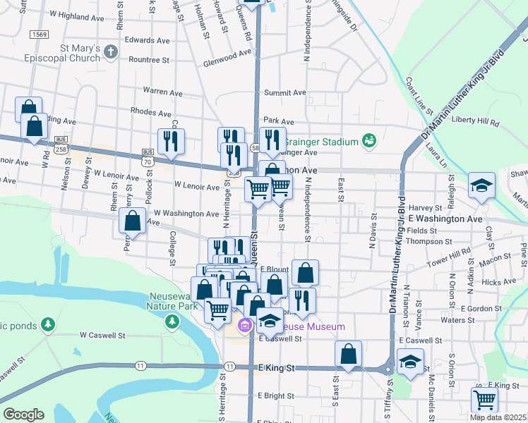 map of restaurants, bars, coffee shops, grocery stores, and more near 102 East Washington Avenue in Kinston