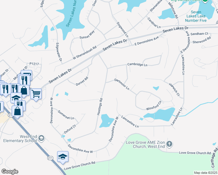 map of restaurants, bars, coffee shops, grocery stores, and more near 113 Hastings Road in Seven Lakes