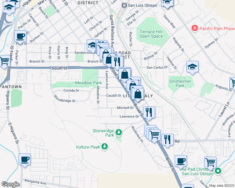 map of restaurants, bars, coffee shops, grocery stores, and more near 652 Caudill Street in San Luis Obispo