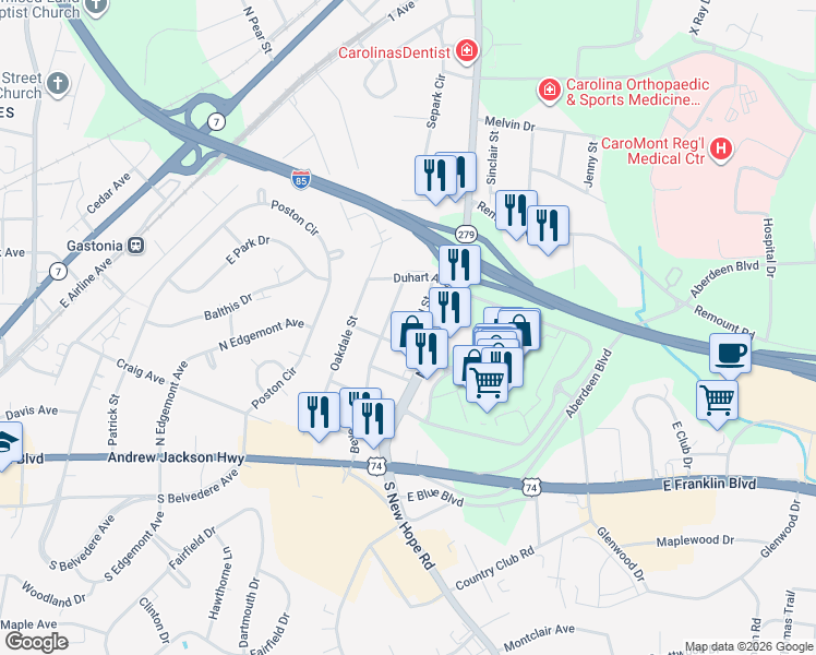 map of restaurants, bars, coffee shops, grocery stores, and more near 505 Carl Street in Gastonia