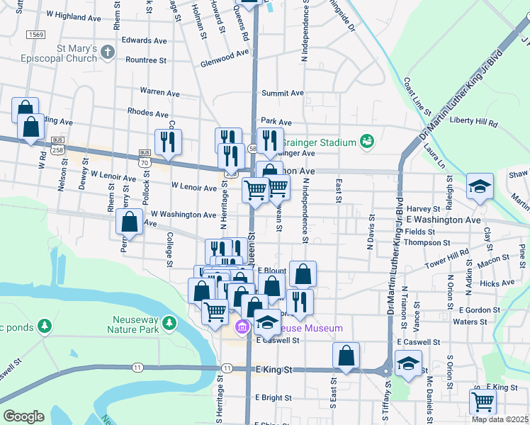 map of restaurants, bars, coffee shops, grocery stores, and more near 102 E Washington Ave in Kinston
