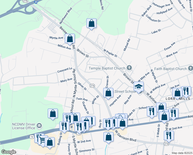 map of restaurants, bars, coffee shops, grocery stores, and more near 1908 Graham Street in Gastonia