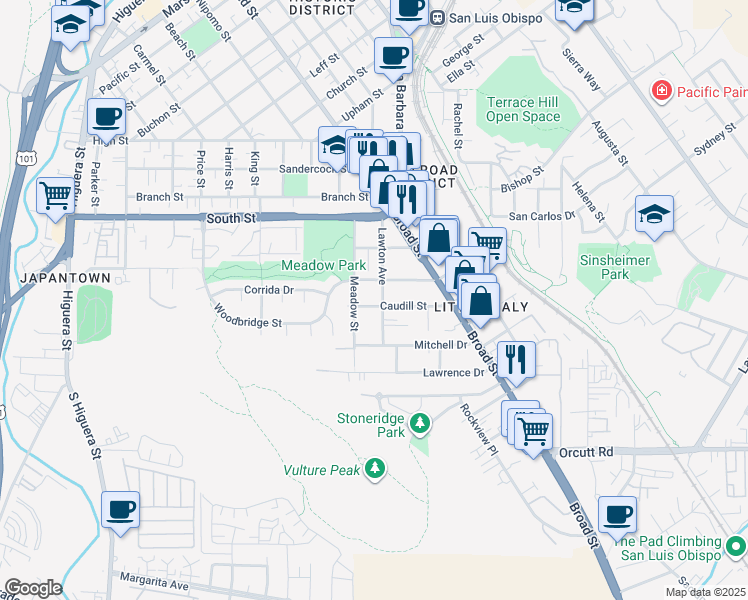 map of restaurants, bars, coffee shops, grocery stores, and more near 2495 Lawton Avenue in San Luis Obispo