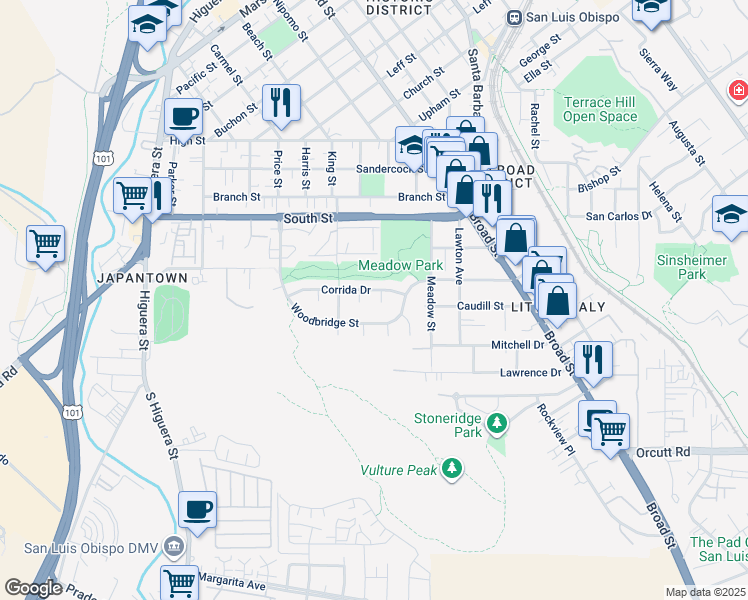 map of restaurants, bars, coffee shops, grocery stores, and more near 2330 Ganador Court in San Luis Obispo