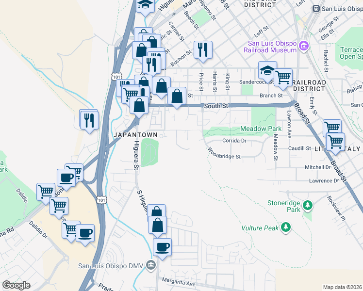map of restaurants, bars, coffee shops, grocery stores, and more near 253 Bridge Street in San Luis Obispo