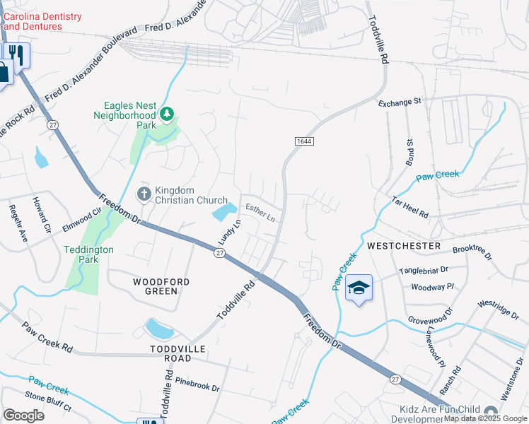 map of restaurants, bars, coffee shops, grocery stores, and more near 5334 Esther Lane in Charlotte