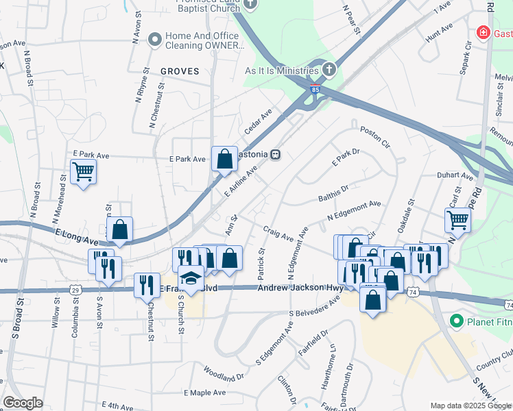 map of restaurants, bars, coffee shops, grocery stores, and more near 1104 Poston Circle in Gastonia