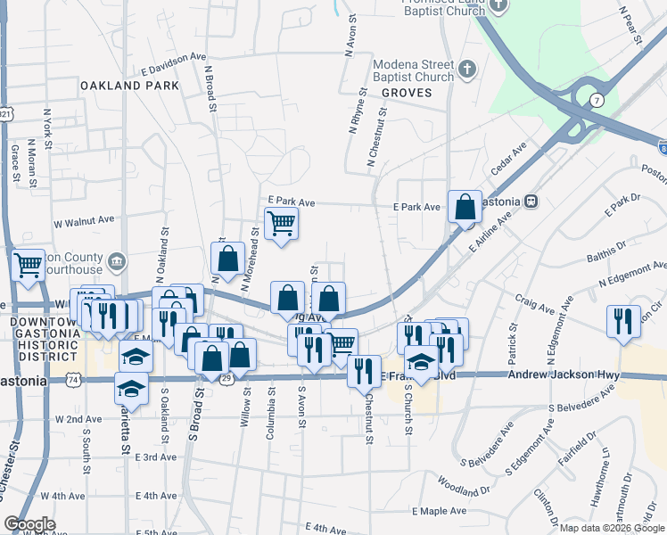 map of restaurants, bars, coffee shops, grocery stores, and more near 607 Ratchford Avenue in Gastonia