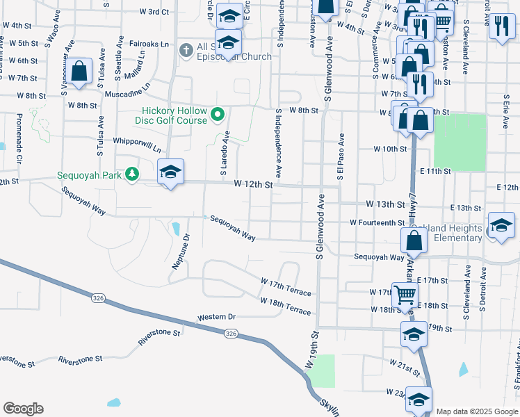 map of restaurants, bars, coffee shops, grocery stores, and more near 1305 South Independence Avenue in Russellville