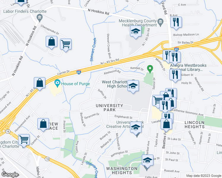 map of restaurants, bars, coffee shops, grocery stores, and more near 2237 English Drive in Charlotte